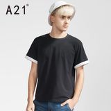 A21男装宽松圆领男士短袖T恤 夏装学生纯色简约青春活力黑色衣服