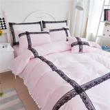韩版纯色全棉公主蕾丝花边床上四件套1.8m床双人纯棉床单被套2.0m