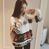 2016秋装新款韩版宽松大码套头字母学生卡通图案毛衣女短款针织衫