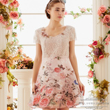 2016夏季新款粉红玛丽短袖蕾丝钉珠真丝连衣裙修身气质优雅淑女裙