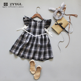 ZYYGL原创儿童服装夏季新款黑白格子飞飞袖短袖连衣裙女童背心裙