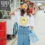 YEP2016夏季新品韩版圆领短袖可爱做旧圆脸印花笑脸T恤上衣女两色
