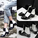 2016秋冬新款欧美黑白拼色粗跟短靴中跟马丁靴漆皮裸靴女靴子大码