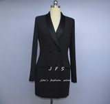 JFS原创设计欧美范新款缎面青果领双排扣修身包臀西装中长款外套
