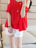 飞鱼女装夏装新款韩版简约圆领露肩上衣 纯色宽松蝙蝠袖T恤女T321