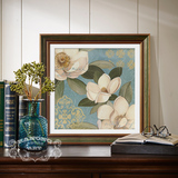 卡农美式客厅装饰画 沙发玄关有框画 高端实木框 卡纸画 蓝色花卉