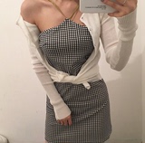 2016韩国复古X型吊带修身千鸟格无袖连衣裙背心裙吊带裙短裙女