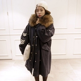 韩国代购女装新款Niponjjuya中长款连帽狐狸毛领加厚风衣棉服外套