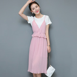 2016夏季新款女装韩版修身假两件裙子甜美百褶吊带裙女雪纺连衣裙
