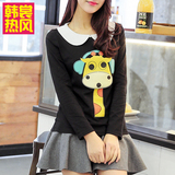 韩国版学生装打底衫娃娃领少女装纯棉女士t恤小清新长袖T恤女黑色