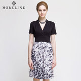 沐兰MORELINE正品女装夏季 短袖V领OL气质修身拼接连衣裙 大码