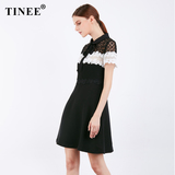 Tinee镂空拼接娃娃领性感小黑裙 黑白蕾丝名媛连衣裙夏季气质修身