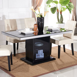 新款现代简约餐桌椅组合黑色钢化玻璃长方形餐台黑色橡木贴皮饭桌