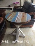美式实木圆桌 彩色复古小圆桌圆餐桌 地中海原木圆形休闲桌咖啡桌