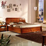 特价胡桃木1.5.18米双人床中式家具高箱体储物床 胡桃木纯实木床