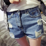 韩版2016夏季女装新款水洗磨白破洞高腰牛仔短裤女裤脚卷边热裤子