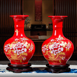 中国红牡丹花瓶装饰摆件景德镇陶瓷器家居时尚工艺品婚庆摆件一对