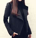 韩国SZ代购2015秋装新款外套女欧美范短款夹克拼接斜拉链毛呢外套