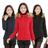 韩版2015冬季加绒加厚短款棉衣女大毛领连帽修身显瘦时尚棉服外套