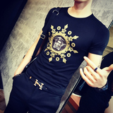 2016新款 韩版个性头像时尚修身圆领3D印花男士弹力紧身短袖T恤潮