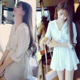韩国夏装2016新款女装衬衫性感短裙夏季两件套装雪纺修身连衣裙潮