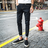 gthomme2016秋季新款男士牛仔裤 青年修身小脚韩版弹力黑色长裤子