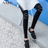 Amii2016夏季紧身裤女士百搭松紧腰夏天字母薄款打底裤外穿九分裤