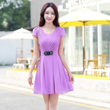 2016夏季韩版女装新款裙子修身大码收腰显瘦中长款短袖雪纺连衣裙