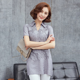 2016夏季新款中长款拼接蕾丝棉麻衬衫女韩版修身短袖大码T恤上衣