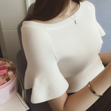 一字领荷叶边短袖针织衫女2016夏装韩国修身显瘦纯色打底衫薄线衣