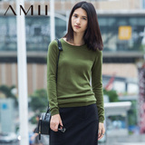Amii品牌女装2015中长款羊毛针织衫圆领套头修身打底毛衣女秋冬装