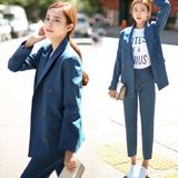 包邮夃家东大门韩国女装双排扣两件套西服宽松西装套装女韩国