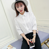 春夏2016新款中袖衬衫韩版女装黑白竖条纹大码宽松雪纺上衣打底衫