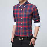 夏季薄款秋季韩版潮男士衬衣加大码修身型红格子衬衫男装长袖衬衫