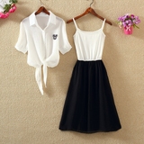 夏季韩版小清新短袖雪纺衫上衣+吊带拼接背心裙连衣裙女两件套装