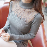 纯妞 2015秋冬新款韩版女装 甜美修身蕾丝半高领针织打底套头毛衣