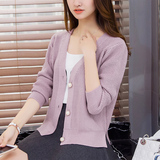 2016春装新款韩版女装宽松大码纯色毛衣开衫V领短款针织衫外套女