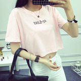 2016韩版短款露脐小性感字母LOVE圆领短袖 T恤字母印花女生上衣服