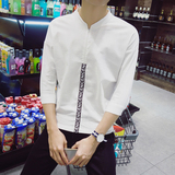 夏季青年亚麻七分袖衬衫男士纯白色蝙蝠衫韩版宽松休闲上衣衬衣潮