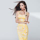 2016夏季新款韩版女装名媛修身露肩收腰中长款印花性感背心连衣裙