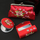 特价刺绣便携小镜子 口红盒零钱包套装 中国风特色出国礼品送老外