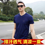 2016夏季新款男士短袖t恤v领半袖阿玛尼男装韩版修身双丝光棉体恤