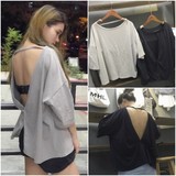 2016夏季新款韩版宽松大码套头上衣后背V型镂空性感七分袖T恤女装