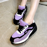 韩国高端真皮坡跟厚底运动鞋紫色 帆布拼接撞色舒适球鞋旅游鞋女
