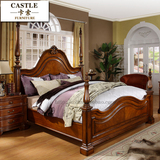 美式实木床欧式双人床实木高档卧室1.8米婚床仿古柱子床手工雕刻