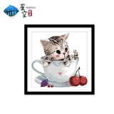 星空雨夜diy数字油画动漫卡通动物客厅卧室大幅手绘装饰画 茶杯猫
