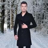 潮男冬季韩版修身英伦风格加厚黑色中长款羊毛呢大衣