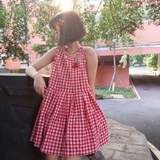 韩国chic小清新少女软妹A字娃娃裙可爱甜美格子背心连衣裙送樱桃