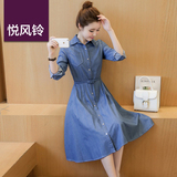2016秋季女装收腰显瘦新款韩版蓝色时尚中长款长袖牛仔连衣裙裙子