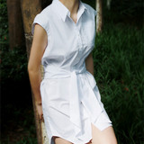 新款夏装女无袖短袖衬衫纯色白色翻领连衣裙中长款明星刘亦菲同款